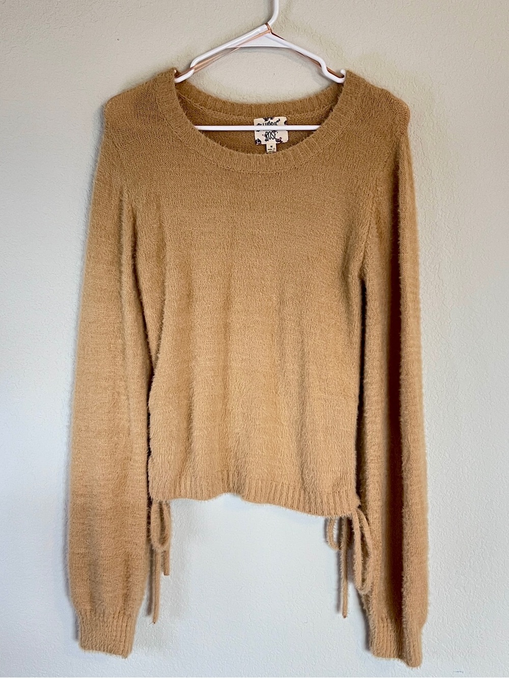 Hippie Rose Camel Yellow Gold Tie-Side Ruched Crew Neck Fuzzy Sweater Top